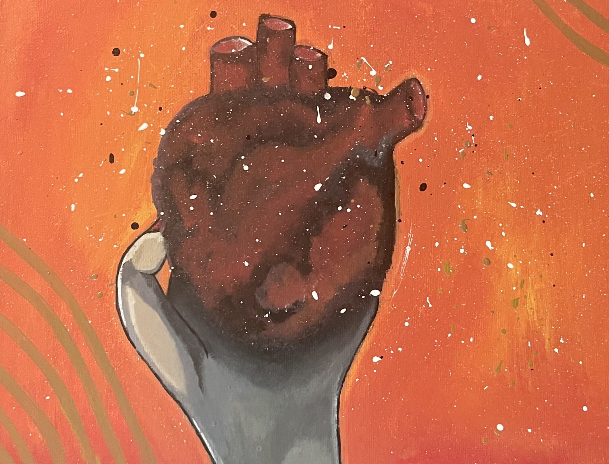 This painting depicts a stone-like or pale-dead hand holding a realistic heart. The orange background emits the emotion of enlightenment and hope. "The Heart Within" is a tale of new beginnings and the fight to push through to overcome difficulties and the feelings of feeling alive.