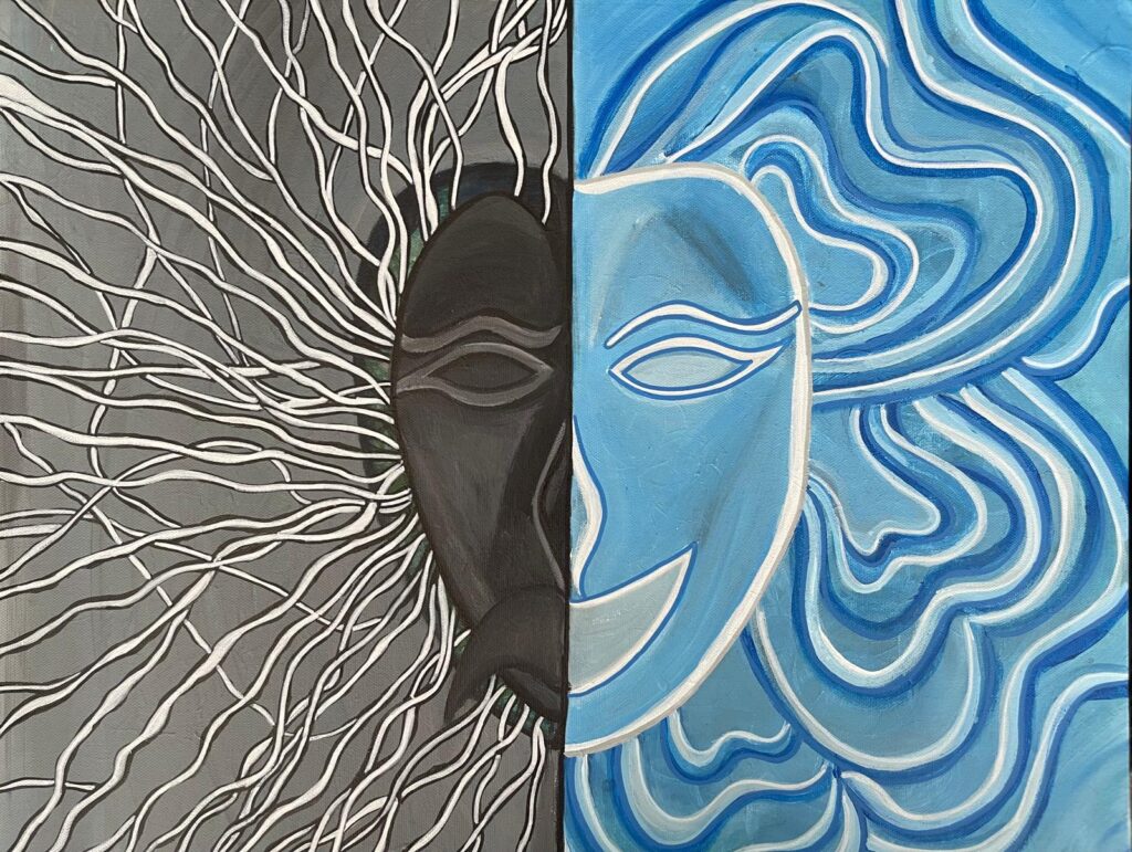 There is a mask, half of the mask is slightly opening and there are strings that are coming out of the mask. The internal self and the right side of the mask is the happy go lucky side. This side the mask has a big smile. 